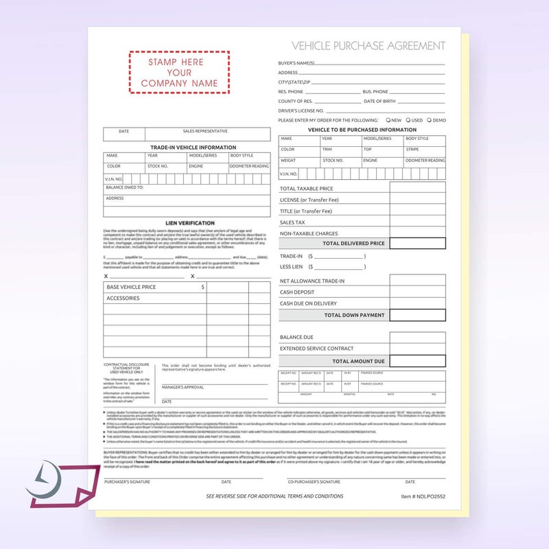 NextDayLabels - Used Vehicle Automotive Bill of Sale Purchase Agreement (2 Part) - Image 2